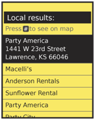 Accesskeys can be used to perform one-click functions on scroll-and select devices, any time they might be needed. Here, pressing OK/Enter on the in-focus item will load a details page. The # accesskey provides a shortcut to see the same item on the map, immediately. This sort of labeling can also be used to make users accustomed to Accesskeys, and can encourage their use in the rest of the site or application.