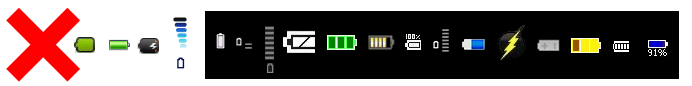 These are just some of the many ways battery charge level is depicted on mobile devices. Many are quite unreadable. Try to pick simple, easy to understand symbols, and re-use common icon styles from existing products and best in class examples.