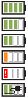 Figure 1-8. A series of exemplary statuses for the battery, from full to empty, then charging. Using the exclamation point in the icon is clearer than blinking the icon, and is a second code for users or conditions where red is not visible. The power plug icon is clearer to many users than the often-used lightning bolt.
