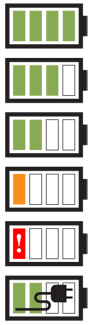 A series of exemplary statuses for the battery, from full to empty, then charging. Using the exclamation point in the icon is more clear than blinking, and is a second code for users or conditions where red is not visible. The power plug icon is more clear to many users than the often-used lightning bolt.