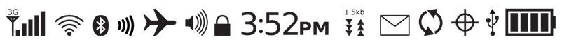 Common icons for the vast majority of conditions shown in the Annunicator Row. All items are enabled and at maximum graphical mode. This is an example; some are in conflict with each other so this would never be seen. From left to right: Mobile network, WiFi, Bluetooth, NFC, Airplane mode, Audio level, Locked, Clock, Network activity and speed, Voicemail waiting, Synch, Location, USB connected, Battery status.