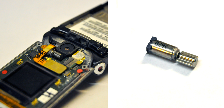 Vibrate on most devices is coarse, and provided by a simple motor with an off-center weight. Here, it is the silver cylinder between the camera and the external screen; the motor is mostly covered by a ribbon cable. It is mounted into a rubber casing, to avoid vibrating the phone to pieces, but this also reduces the fidelity of specific vibrate patterns, if you were to try to use it for that purpose. To the right, I have removed the motor assembly for clarity.