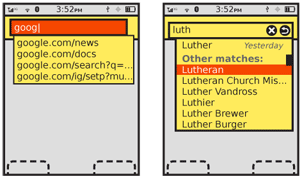 Two versions of the suggestion variation. On the left, a simple list. To the right, the most likely match is at the top of the list, and others are in a scrolling area below.