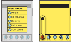 Additional menu options, or long lists of subsidiary options generally are displayed in modal dialogues as on the left. Simple options, or single interactive elements, may simply reveal themselves as controls sliding off of the main menu bar, as the slider is to the right.