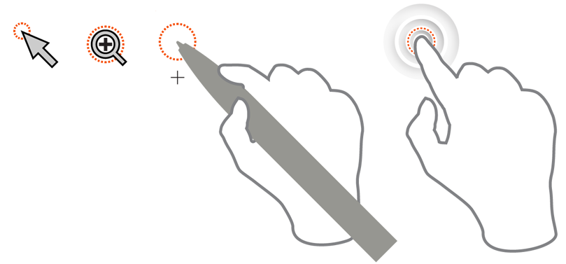 Some examples of the variety of position cursors. Mostly, the simple pointer is most useful with the indicated space at the tip of the arrow. Very few state changes are helpful, but maginifiers are one that can work well. Pens should have high precision pointers. Certain other interaction can use subtle touch indications, such as the splash shown here, to indicate the contact has been made.