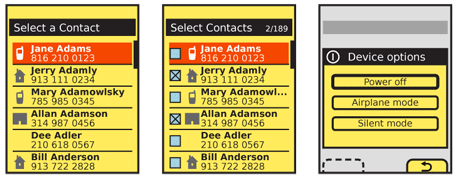 Lists are heavily used in mobile devices, either as single select, where only one click selects and submits, or for multiple selections. Long lists should usually appear as scrolling lists, using the Vertical List patterns, but shorter ones like the Power key options at the right, should more clearly express the actions, by using lists of buttons instead.