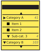 An Hierarchical List opened to one tier. Note the counters on all parent categories, indicating the number of immediate children.