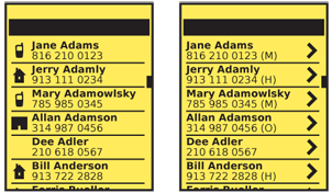 To the left, icons in this call history list are used to denote which phone type was used; selecting the item will dial the indicated number. To the right, the same list instead has no direct actions, but will load additional details for each number as indicated by the right arrows to the right of each line item.