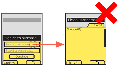Full screen entry methods are the default for J2ME and some entire OSs. Aside from simplicity of development, it was originally developed to offer all entry options, counters and other features in the small space. Today, they are just confusing, as the user is removed from the context entirely. This example typifies one key issue: a large field is exposed for entry that cannot exceed 16 characters.
