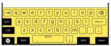 For more compressed spaces, keyboards often loose the dedicated number row. This can be made up for by switching modes to a number entry or function key mode. This is a virtual keyboard, so alternative labels are not needed, as long as the mode switch key is clear. The primary symbols on the keyboard are still present, and in mostly the same place; the less-used slash and question mark are moved slightly for space purposes. Each of these has the shift mode labels above, so the user knows they do not need to enter the symbol mode and hunt, but simply presses shift to get these characters.