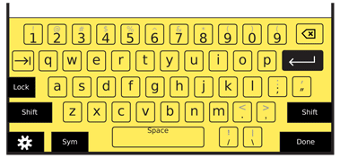 Numerous keyboard layouts can be devised to fit the space available, and still provide a meaningful experience for the user. This virtual keyboard is fairly full sized, with number keys, and symbols assigned to each of those. A few have been removed for space saving, and a few have been moved slightly. The mode shift keys and the submit key are along the edge, to allows space around them, while increasing the effective contact space. Note that the keycaps are in lower case, since the caps lock is not on.