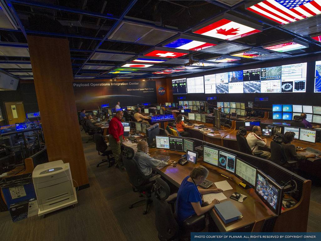 Remotely controlled display screens at the NASA Payload Integration Center, Huntsville, Alabama.