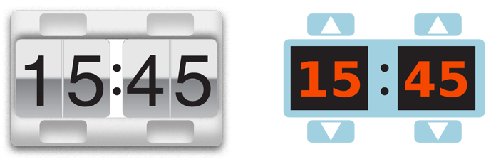 Two variations of a full-features spinner, with increment and decrement buttons. On a touch device, these could both support gestural control as well, using the clicky thumb-wheel variation. Note that on even the low fidelity version, the numbers are within boxes clearly differentiated from the rest of the interface. The high fidelity version appears to be split by individual character, but this is purely for visual display and style purposes; the minutes and hours are changed as a whole set.