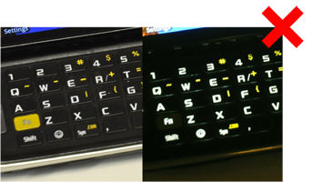 This keyboard uses yellow to identify the function modifiers. The reflective labels, for daylight mode, work very well. The function key is all yellow, and the modifier labels are yellow symbols. But under backlight, while the modifier labels remain yellow, the function key itself is black, with the "Fn" label in white. This disconnect is bad, but the change between view modes is even worse.