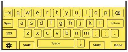 The neutral condition for all virtual keyboards should display lower-case letter keys, to indicate this is the character that will display when a key is pressed. Mode Switch keys should be clearly different from character entry keys, but not so different they may be confused as being in a selected mode.