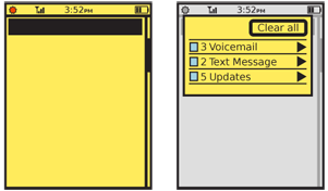 The Annunicator Row commonly houses notification icons, as on the left, but may also be used as a method to access details or view the items. On the right, the user has tapped or pulled the Annunciator Row down to reveal a notification area.