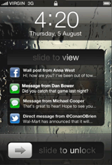 Notifications should be on the lock screen, and not require completely unlocking to reveal them, as in iOS 5. Multiple notifications must be able to be seen at once.