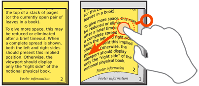 Page flipping may be displayed a though the interface is composed of a stack of actual pieces of paper. Represent the relative number of remaining sheets, and display gesture-initiated page transitions as though the pages are flipping.