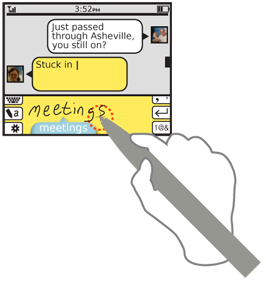Word entry with pens will appear in an input panel, occupying part of the screen. Options such as the mode switches and special characters appear as buttons within this panel. Translation candidates appear beneath the written word, and may be explicitly accepted or automatically loaded after a pause.