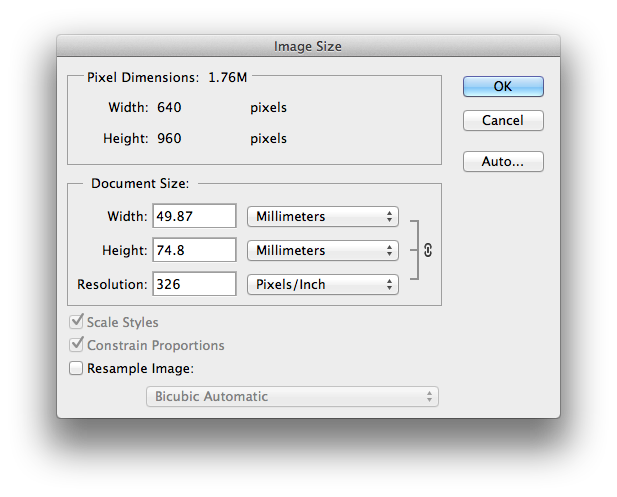 Photoshop Image size... dialogue at the right resolution