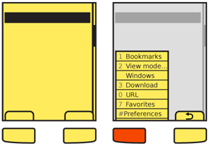 Softkeys are very common still, revealing menus from tab labels based on pressing adjacent hardware keys. When one is open, the other provides a method to exit. The same paradigm can be used without the hardware keys on touch and pen devices by directly selecting the tab labels.