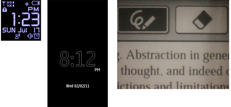 Low power screens, or low-power modes, must make tradeoffs in display color or detail. LED screens, such as the Casio Gz'One external display and the N8 sleep screen, use less power due to only lighting some pixels. ePaper, as shown in part with the Sony Touch, only requires power when changing the pixels, but can only show one color at moderate resolution.