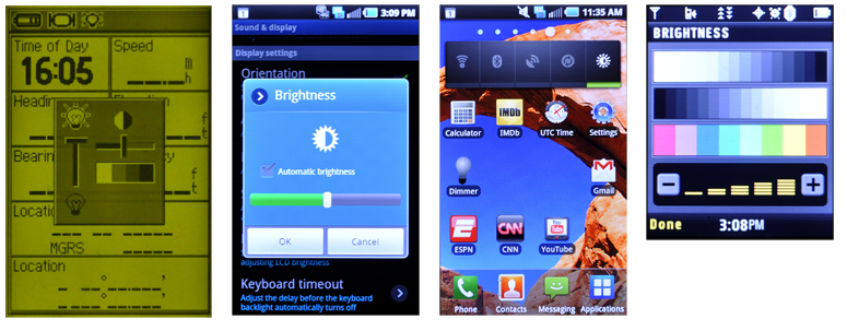 Screen settings for the Garmin GPSmap60 are opened along with volume, when the power button is tapped. The Samsung Galaxy-S uses a typical settings panel, buried under the settings, but also ships with a settings widget on the home pages. Changing the brightness on the Samsung SPH-630 featurephone happens on a page covered in color and grayscale bars, to help determine the appropriate level.