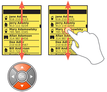 Scrolling is most often carried out by clicking Directional Entry keys, such as the Up/Down pair on the 5-way pad shown, or by moving the page with an On-Screen Gesture. NOTE: This is not in the book, and I think it's a mistake. Oops.