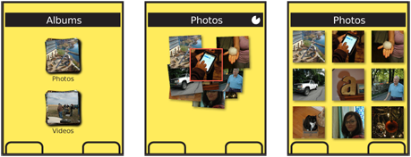 The "Photos" stack in the left frame is tapped, and the thumbnails move into their final Grid positions as the page behind changes. Note the title changes, and the processing icon in the title bar during the transition, as well as the importance of the labels below each stack in this example.
