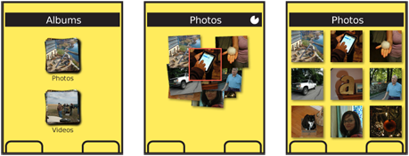 The photos stack in the left frame is tapped, and the thumbnails move into their final Grid positions as the page behind changes. Note the title changes, and the processing icon in the title bar during the transition.