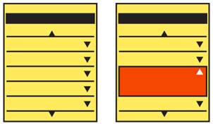 A windowshade list, in two states, where items expand as the user scrolls down and they become in focus.